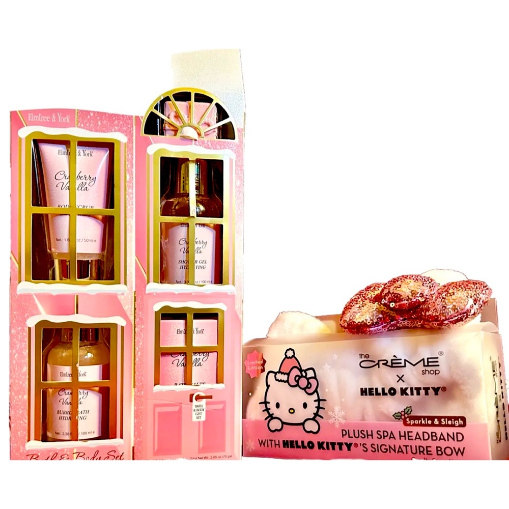 Hello Kitty Plush Spa Headband with Cranberry Vanilla Bath Body set.